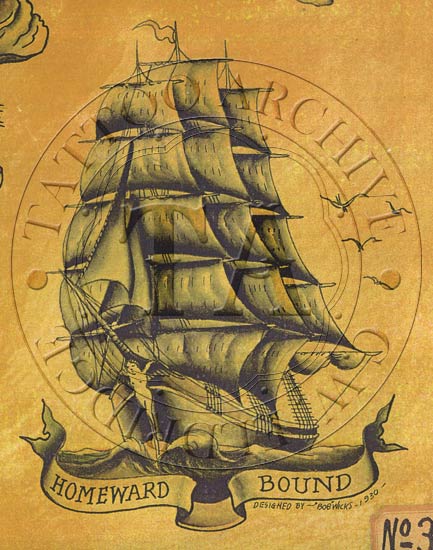 Awesome Sailor Ship With Homeward Bound Banner Tattoo Design