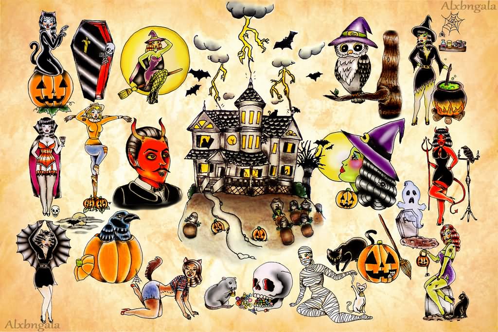 Awesome Traditional Halloween Tattoo Flash