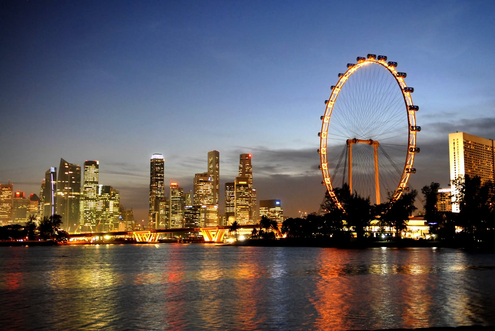 Beautiful Night View Of Singapore Flyer And City Buildings
