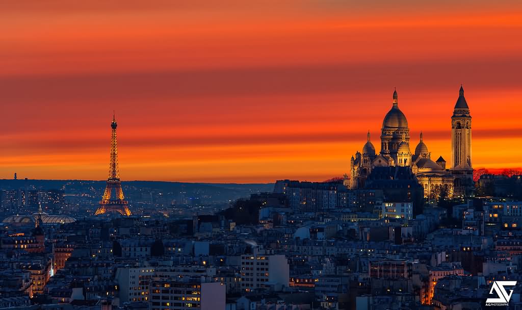 Beautiful Sacre Coeur And Eiffel Tower Sunet View