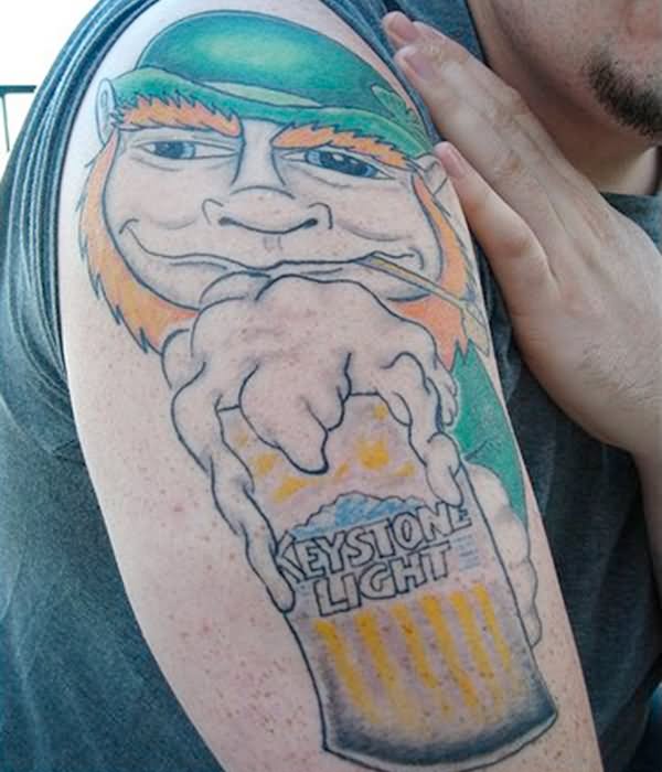 Beer Mug And Leprechaun Face Tattoo On Right Shoulder