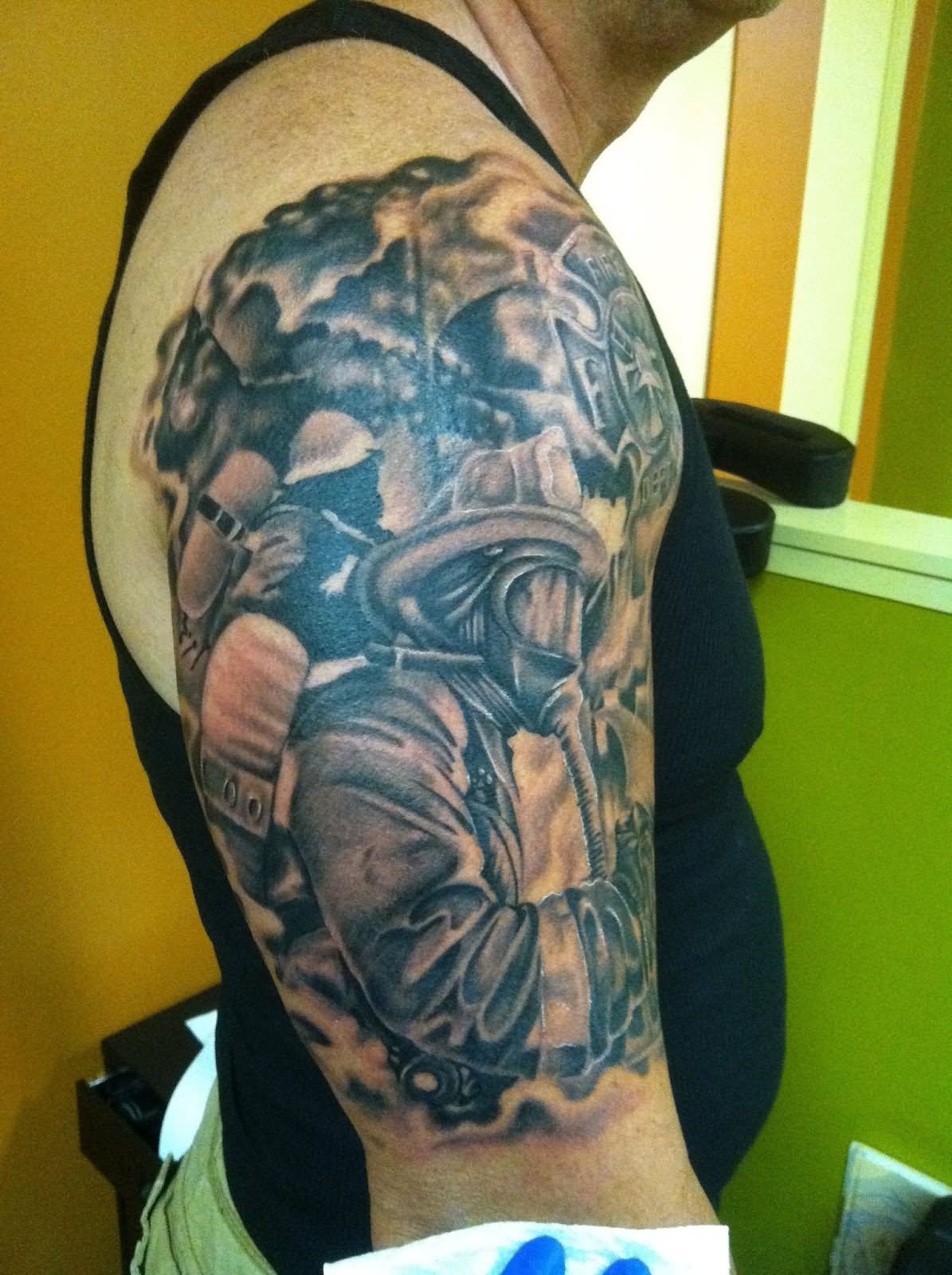 Black And Grey Firefighter Tattoo On Man Right Half Sleeve