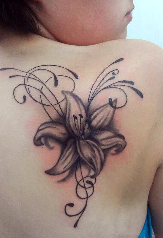 Black And Grey Floral Tattoo On Right Back Shoulder