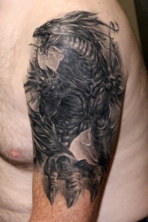 Black And Grey Ink Fantasy Dragon Tattoo On Half Sleeve