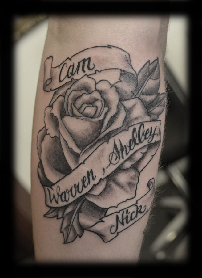Black And Grey Rose With Banner Tattoo Design Elbow