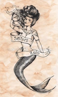 Black And Grey Sailor Mermaid With Banner Tattoo Design