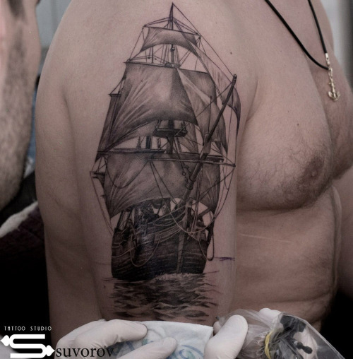 Black And Grey Sailor Ship Tattoo On Man Right Half Sleeve