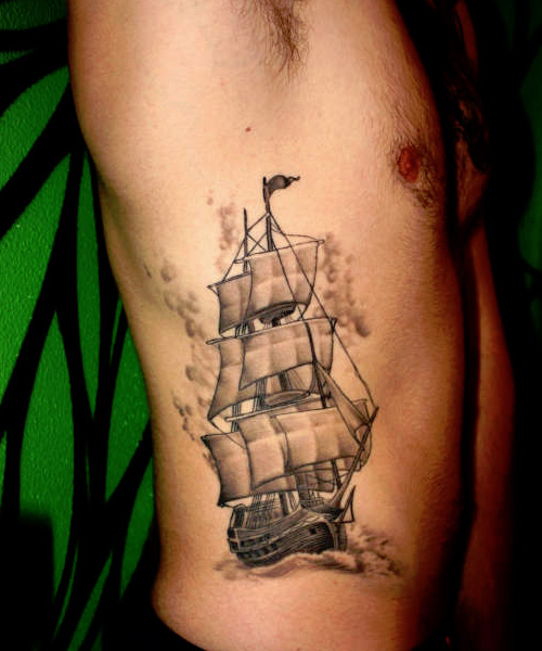 Black And Grey Sailor Ship Tattoo On Man Side Rib