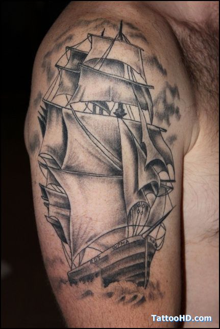 Black And Grey Sailor Ship Tattoo On Right Half Sleeve