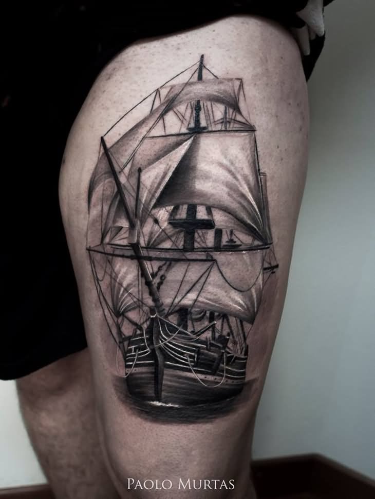 Black And Grey Sailor Ship Tattoo On Thigh