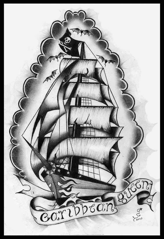 Black And Grey Sailor Ship With Banner Tattoo Design By Guaya