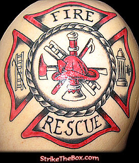 Black And Red Firefighter Cross Tattoo Design For Shoulder