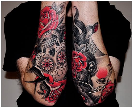 Black And Red Floral With Skull Tattoo On Both Forearm