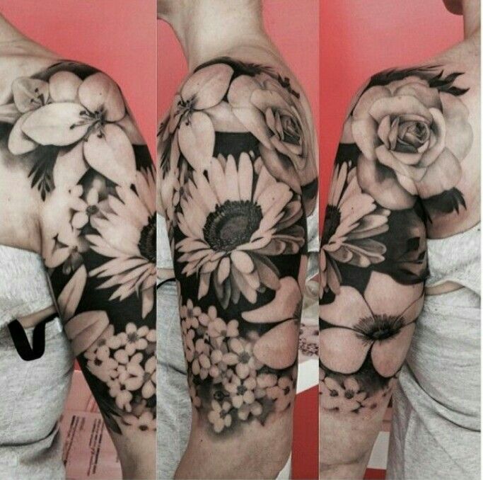 Black And White 3D Floral Tattoo On Left Half Sleeve