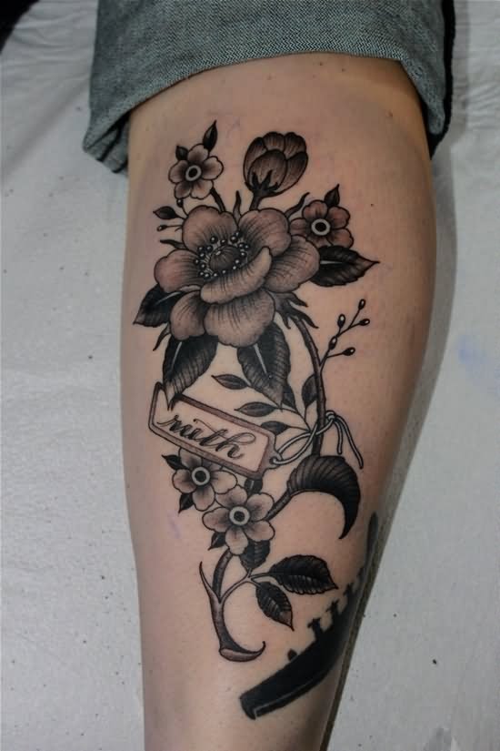 Black And White Floral Tattoo Design For Leg