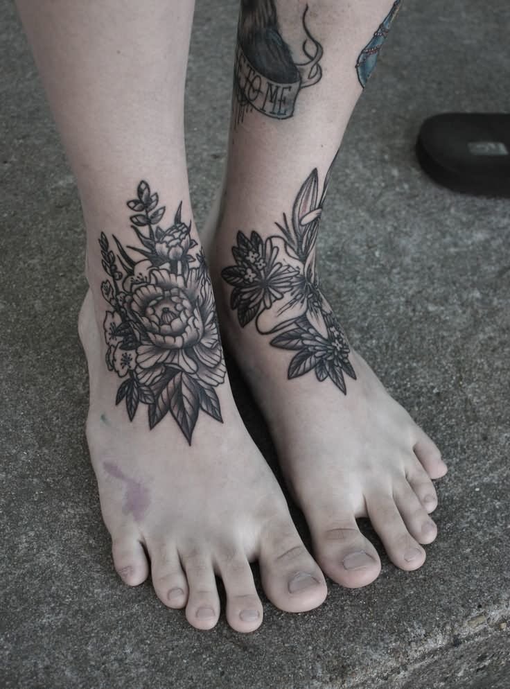 Black And White Floral Tattoo On Feet By Baylen Levore