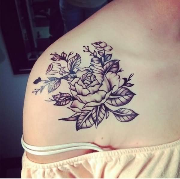 Black And White Floral Tattoo On Front Shoulder