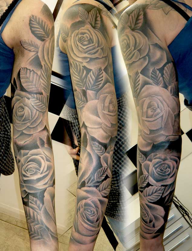 Black And White Floral Tattoo On Full Sleeve
