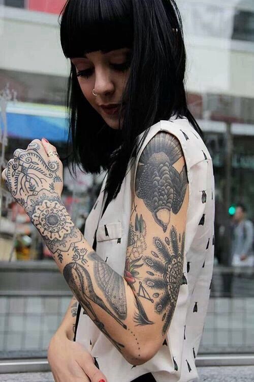 Black And White Floral Tattoo On Girl Left Full Sleeve