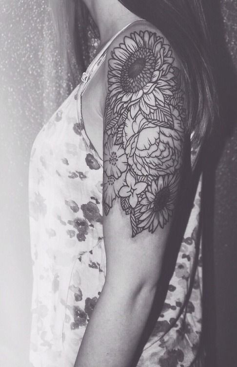 Black And White Floral Tattoo On Girl Left Shoulder