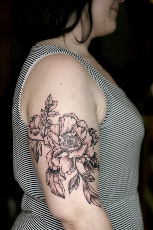 Black And White Floral Tattoo On Girl Right Half Sleeve By Alice Carrier