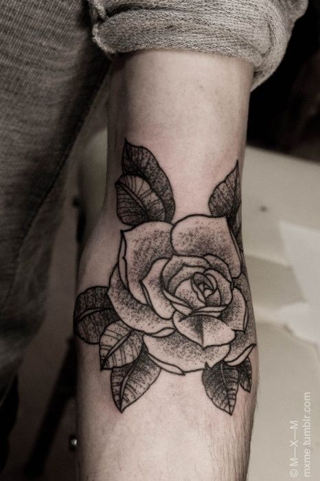 Black And White Floral Tattoo On Inside Elbow