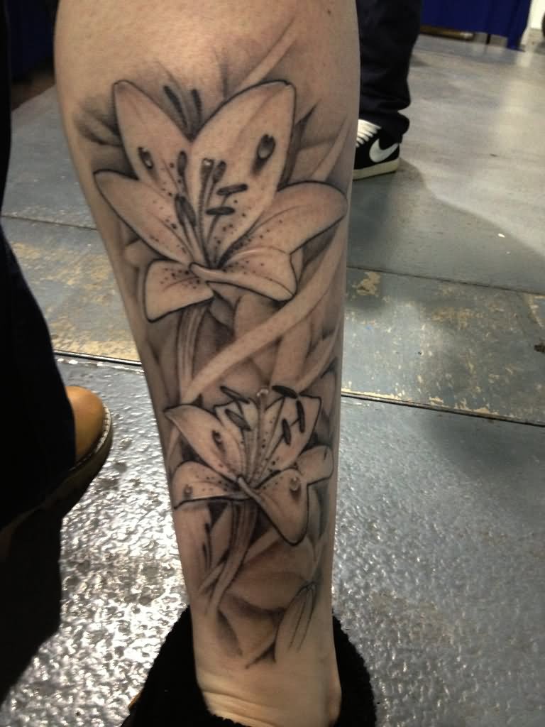Black And White Floral Tattoo On Leg Calf