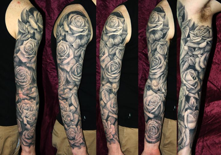 Black And White Floral Tattoo On Right Full Sleeve