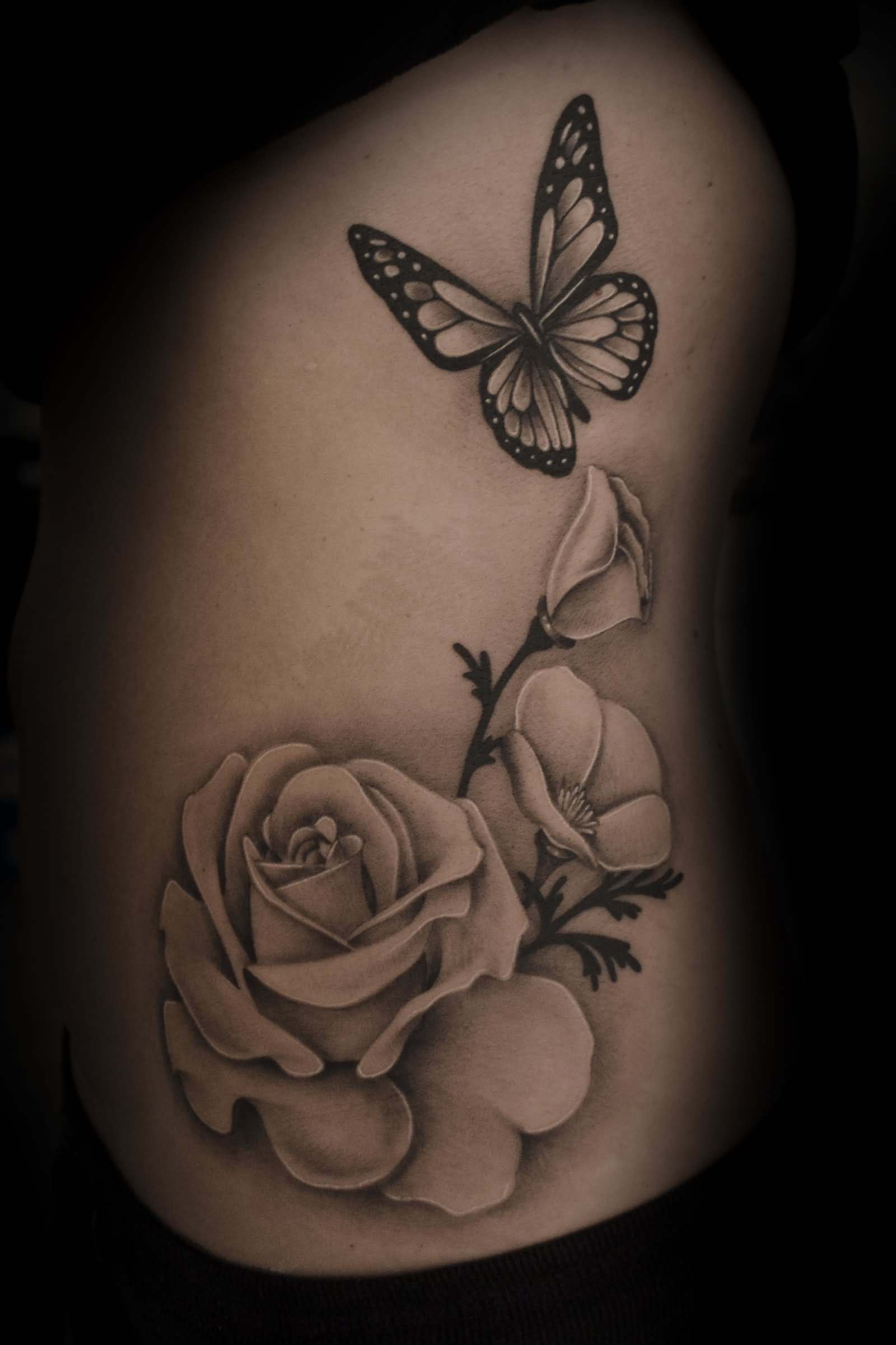 Black And White Floral With Butterfly Tattoo Design For Wrist