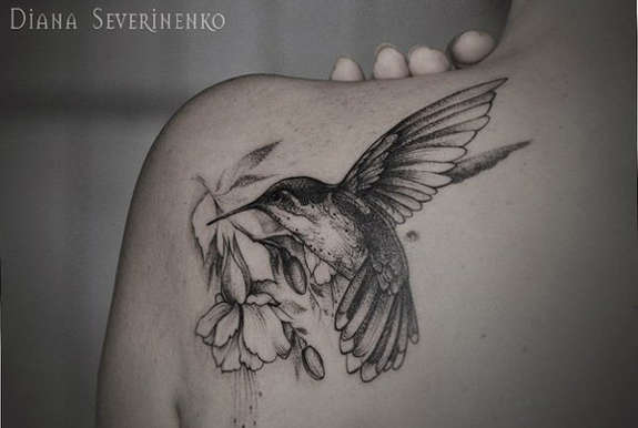Black And White Floral With Flying Bird Tattoo On Left Back Shoulder