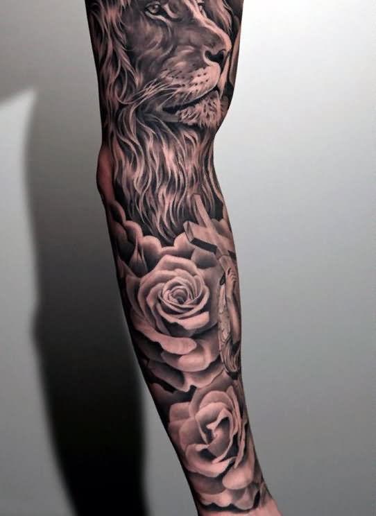 Black And White Floral With Lion Head Tattoo On Man Full Sleeve