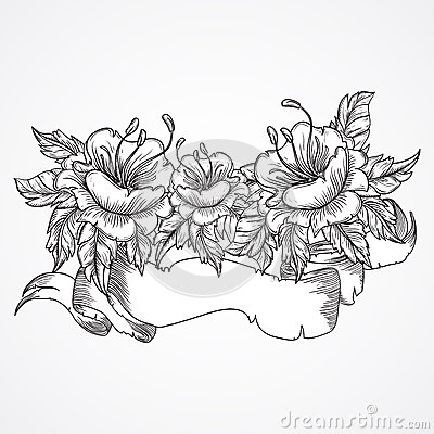 Black And White Floral With Ribbon Tattoo Design