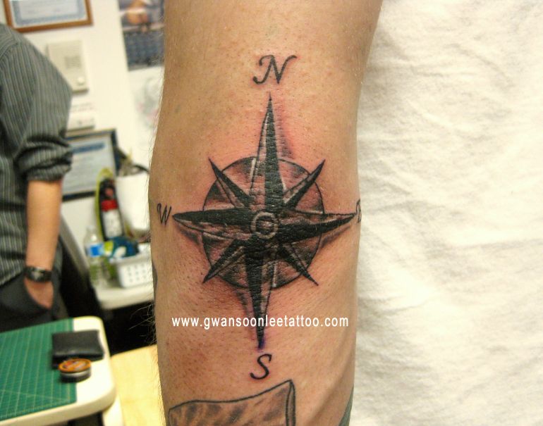 Black Compass Tattoo Design For Elbow