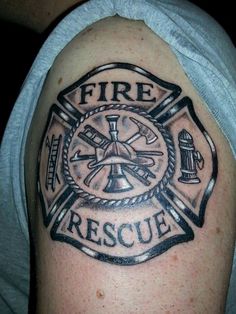 Black Firefighter Logo Tattoo On Shoulder