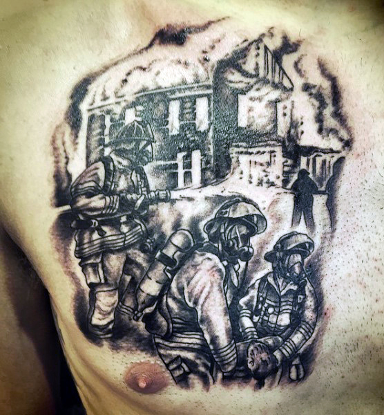 Black Firefighters Tattoo On Man Chest
