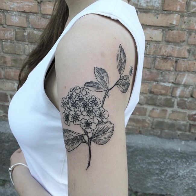 Black Floral Tattoo On Girl Left Shoulder