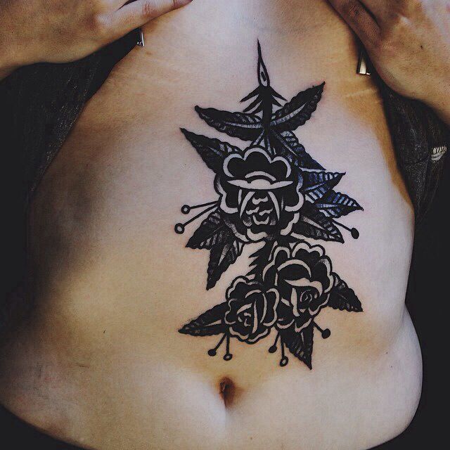 Black Floral Tattoo On Stomach