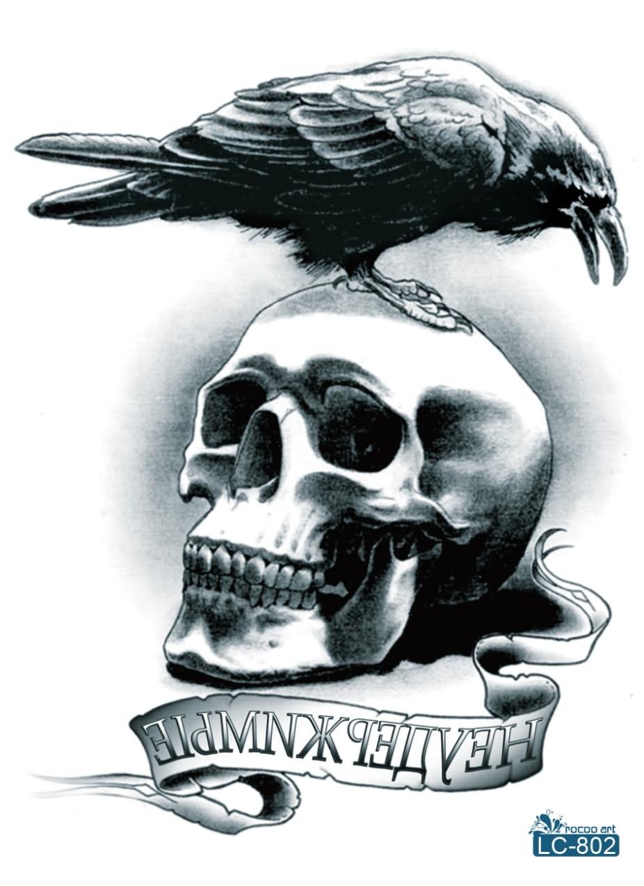 Black Halloween Crow On Skull With Banner Tattoo Design