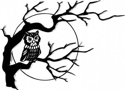 Black Halloween Owl On Tree With Moon Tattoo Stencil