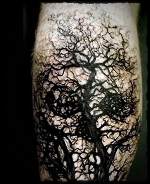 Black Halloween Tree Tattoo Design For Sleeve