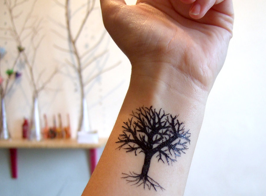 Black Halloween Tree Tattoo On Wrist
