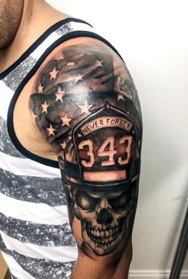 Black Ink 3D Firefighter Skull Tattoo On Man Left Half Sleeve
