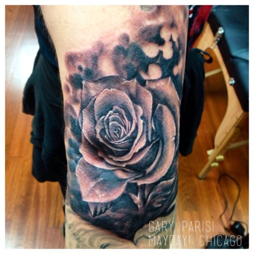 Black Ink 3D Rose Tattoo Design For Elbow