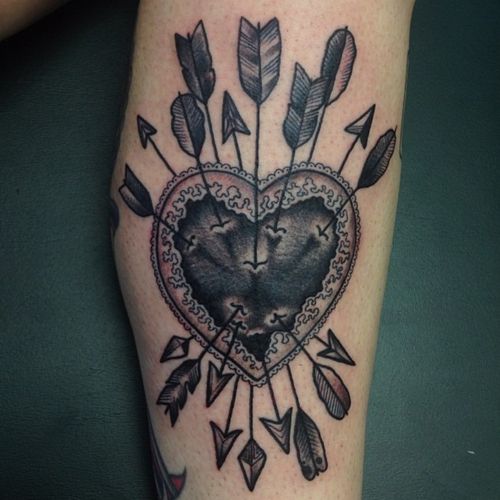 Black Ink Arrows In Heart Tattoo Design For Inside Elbow