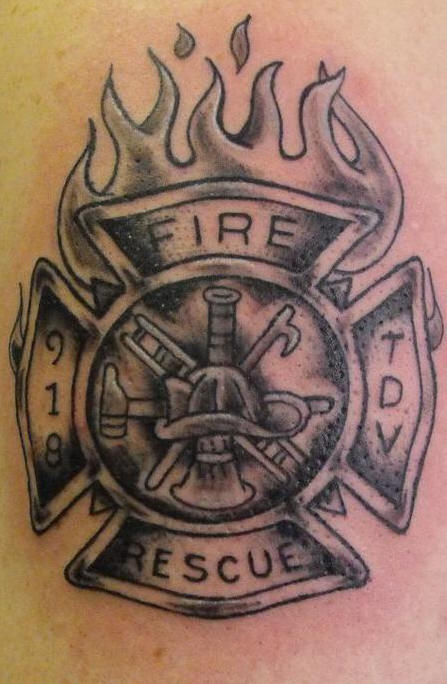 Black Ink Firefighter Logo In Flame Tattoo Design For Sleeve