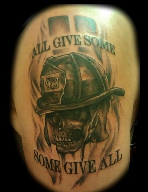 Black Ink Firefighter Skull With Prayer Tattoo Design