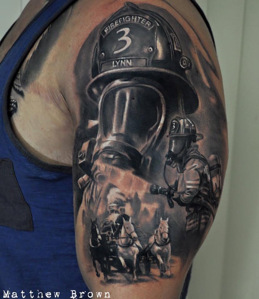 Black Ink Firefighter Tattoo On Half Sleeve