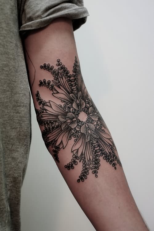 Black Ink Floral Tattoo Design For Arm
