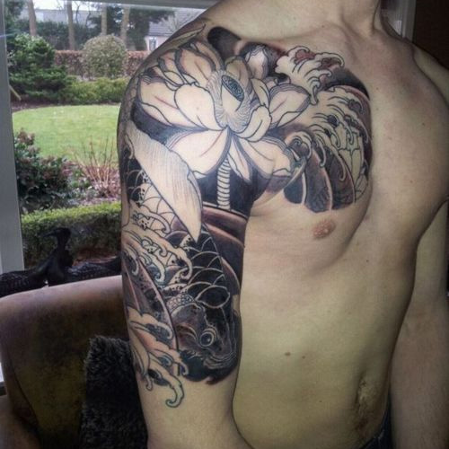 Black Ink Floral Tattoo Design For Men Right Half Sleeve