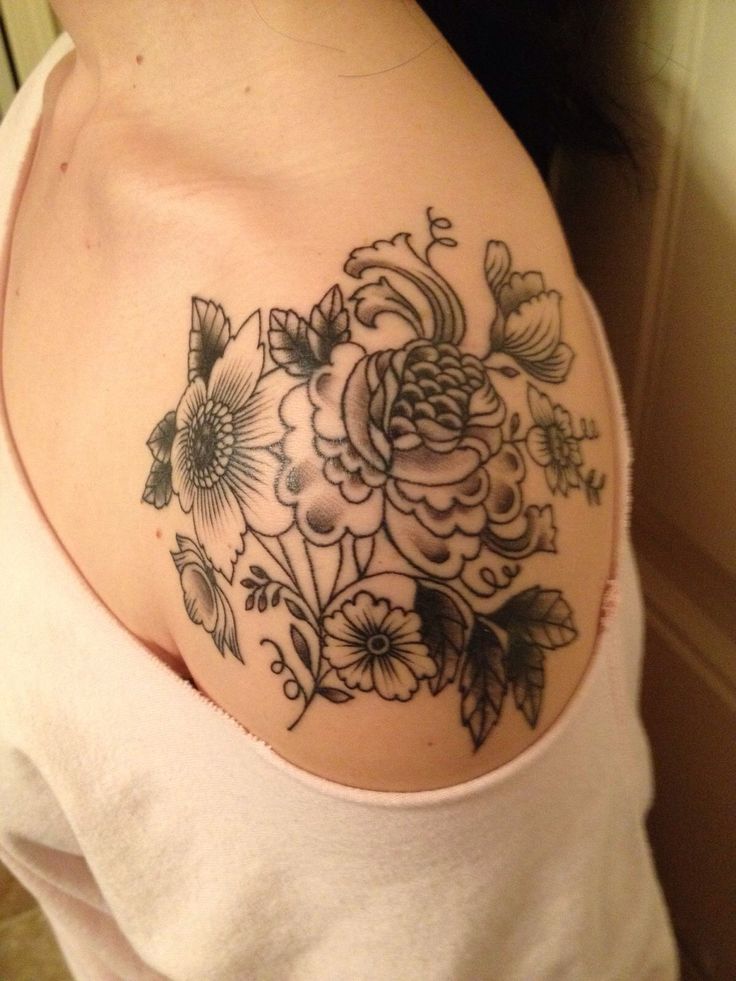 Black Ink Floral Tattoo Design For Shoulder